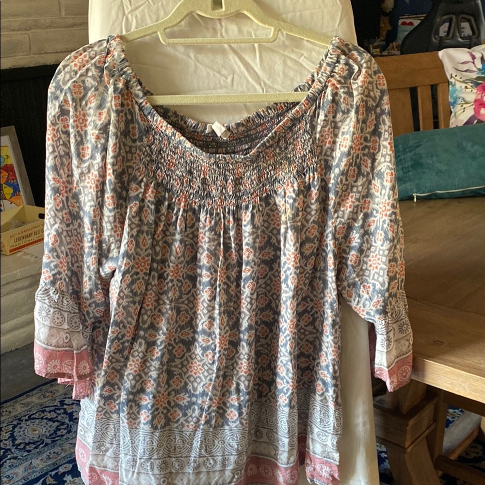 Boho smocked bell sleeve Blouse 1X